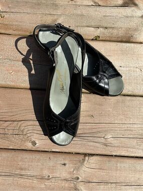 Vintage White Cross Black Leather Peep-Toe Slingback Heels